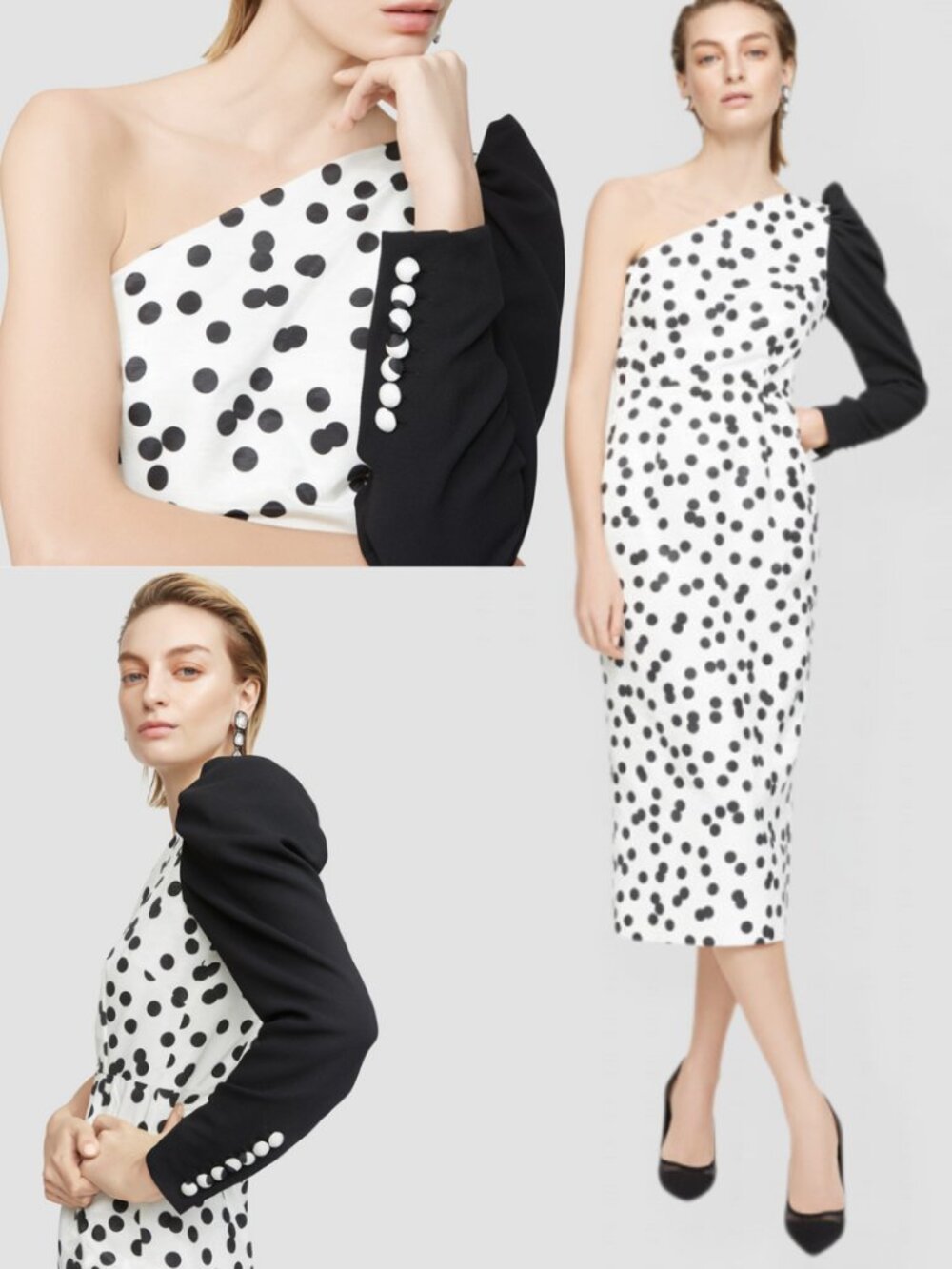 RACIL Polka Dot Sheath One Shoulder Dress. Size XS.